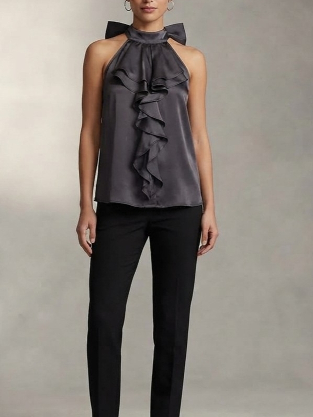 Violet & Claire Women's Gray Satin Halter Bow Ruffle Sleeveless Blouse Top S